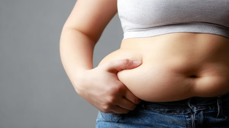 Overweight person pinching belly fat wearing casual clothing, showing body weight concern and health awareness in close up viewの素材