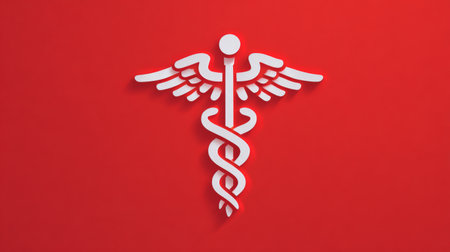 Medical symbol with wings and two snakes entwined around staff on red background, representing health and medicine conceptsの素材