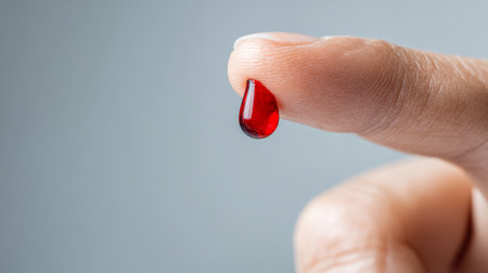 Close up of finger with bright red blood drop hanging, symbolizing health and medical testingの素材