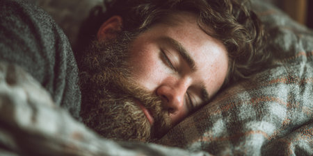 Peaceful man sleeping with beard resting on soft plaid pillow in cozy environment showing calm and relaxationの素材