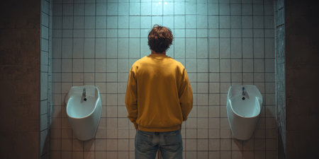 Man wearing yellow sweatshirt and blue jeans stands facing tiled wall between two urinals in dimly lit restroomの素材