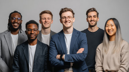 Young professional team in casual and business attire smiling confidently in studio with gray background, showing diversity and collaborationの素材