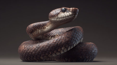 Coiled brown snake with detailed scales and shiny black eyes resting on dark surface with soft lighting and blurred backgroundの素材