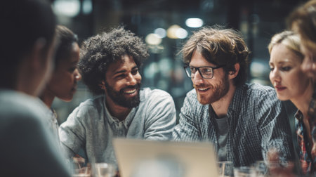 Multicultural team collaborating in modern office space with laptop, sharing ideas and smiling during work meetingの素材