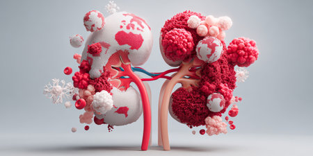 Kidney organ with red and white textured globes representing global health awareness and renal care, symbolizing World Kidney Day importanceの素材