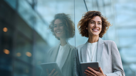 Smiling professional woman with curly hair holding tablet and leaning on glass wall in modern office environment with natural lightの素材
