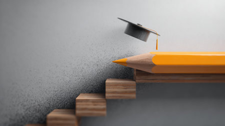 Graduation cap flying off large yellow pencil tip on wooden stairs symbolizing education success and achievementの素材