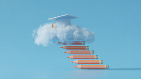 Graduation cap on cloud above pencils arranged as stairs symbolizing education and academic achievement with creative conceptの素材