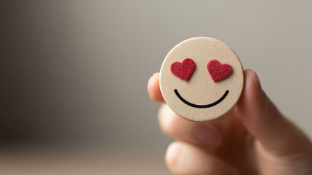 Wooden smiley face with heart eyes held by hand, expressing love and happiness with neutral backgroundの素材