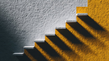 Minimalist concrete stairs with strong shadows on textured white and yellow wall, creating geometric pattern and contrastの素材