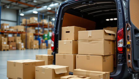 Cardboard boxes stacked inside and outside delivery van in warehouse, showing busy logistics and shipping activityの素材