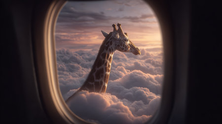 Giraffe head above clouds viewed through airplane window at sunset with soft warm light and dreamy atmosphereの素材