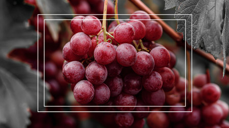 Red grape cluster hanging on vine with selective color effect showing vibrant fruit and muted leaves, fresh and ripe for harvestの素材