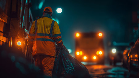 Garbage collector in reflective uniform carrying black trash bag on urban street at night with blurred vehicle lights creating moody atmosphereの素材
