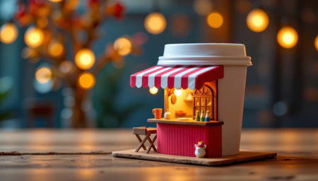 Miniature coffee shop with striped awning attached to paper coffee cup on wooden table with warm bokeh lights in backgroundの素材