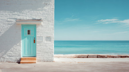 Turquoise door on white brick wall by calm ocean under clear blue sky with peaceful atmosphereの素材
