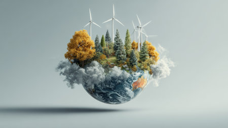 Floating earth with autumn and evergreen trees surrounded by clouds and wind turbines symbolizing clean energy and environmental protectionの素材