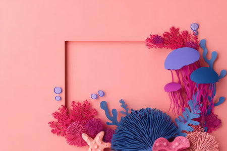 Coral reef and jellyfish decoration with starfish on pink background, vibrant marine life art with colorful underwater elementsの素材