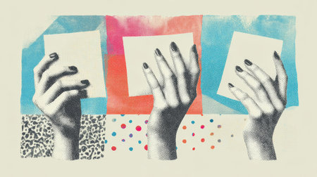 Hands holding blank paper with colorful abstract background and patterns, creative artistic concept with dotted texture and vibrant colorsの素材