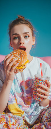 Young woman eating cheeseburger and holding colorful cup with straw, casual style, bright background, fast food enjoymentの素材