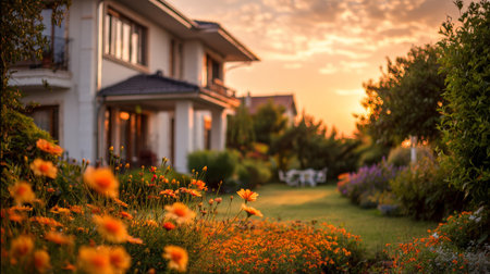 Cozy house garden with vibrant orange flowers and lush greenery under warm sunset sky creating peaceful and inviting atmosphereの素材