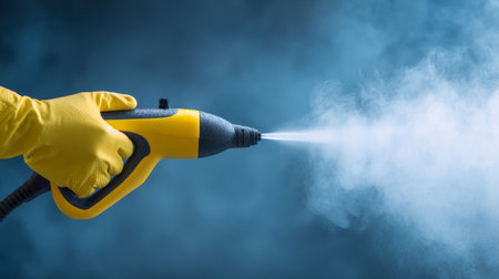 Hand with yellow glove holding steam cleaner spraying mist on blue background, cleaning tool for household or industrial useの素材