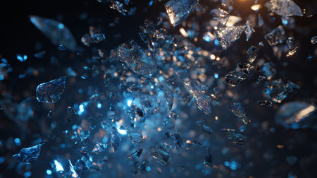 Shattered glass fragments scatter in midair with blue and warm light reflections creating dynamic and dramatic abstract sceneの素材