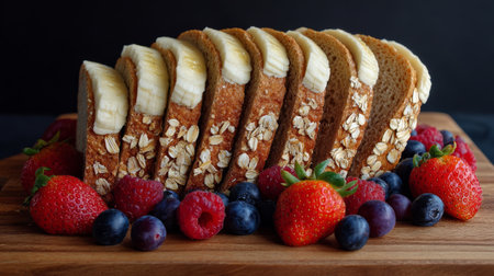 Sliced oat bread with banana and fresh mixed berries on wooden board, colorful and healthy breakfast or snack optionの素材