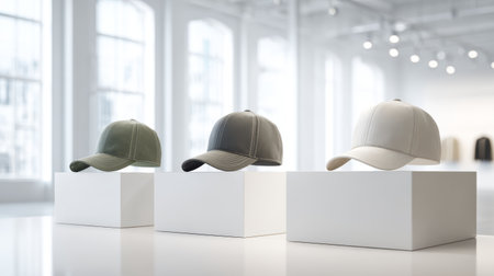 Baseball cap hat display white pedestal modern interior natural light minimalistic design casual accessory fashion item three capsの素材