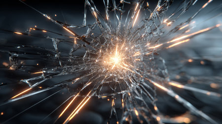 Shattered glass with bright light burst and glowing sparks creating dynamic and intense visual effect in dark backgroundの素材