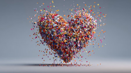 Colorful heart shape made of small confetti pieces floating on gray background, creating joyful and festive atmosphereの素材
