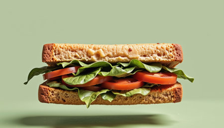 Fresh sandwich with lettuce and tomato slices floating on green background, healthy and appetizing meal conceptの素材