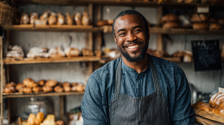 Smiling male baker wearing apron standing in bakery shop with fresh bread on wooden shelves, warm atmosphere and friendly expressionの素材