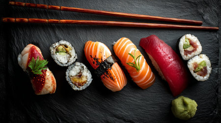 Sushi roll with salmon, tuna, shrimp, rice, and wasabi served on black slate with wooden chopsticks, fresh and colorful Japanese foodの素材