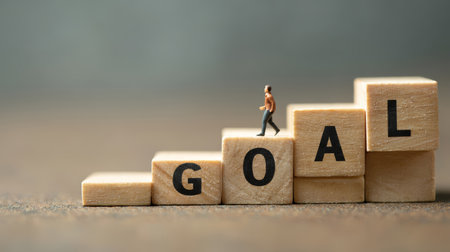Goal concept with wooden blocks and miniature figure walking on top, symbolizing achievement and progress in motivational settingの素材