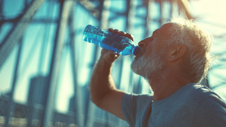 Older man drinking water from plastic bottle outdoors on sunny day, refreshing and healthy lifestyle momentの素材