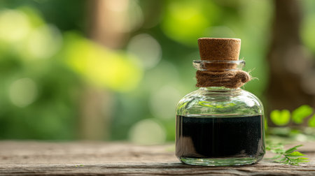 Small glass bottle with cork stopper filled with dark liquid on wooden surface with green blurred backgroundの素材