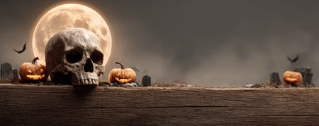 Halloween skull pumpkin bat full moon spooky graveyard scene with eerie atmosphere and wooden foregroundの素材