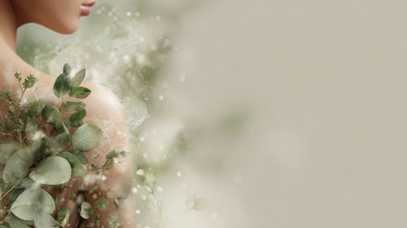 Soft natural skincare concept with green eucalyptus leaves on bare shoulder, peaceful and fresh atmosphereの素材