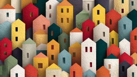 Colorful textured houses with various shapes and sizes create vibrant and cheerful urban pattern in this artistic abstract designの素材