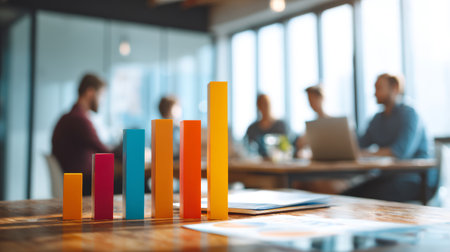 Colorful bar chart on wooden table with blurred business team meeting in background, showing growth and collaboration in modern office environmentの素材