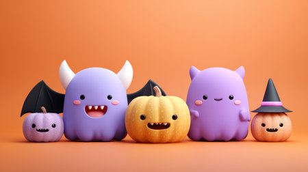 Cute Halloween pumpkin and monster characters with smiling faces and colorful design on orange backgroundの素材