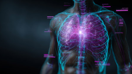Human chest anatomy with glowing lungs and rib cage in futuristic medical visualizationの素材