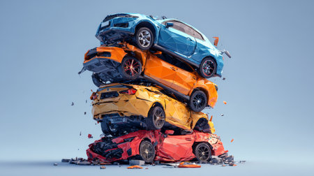 Crashed cars stacked in pile with damaged blue, orange, yellow, and red vehicles under clear sky, showing destruction and impactの素材