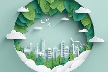 Green leaves cityscape with wind turbine and birds flying in cloudy sky, eco friendly urban environment conceptの素材
