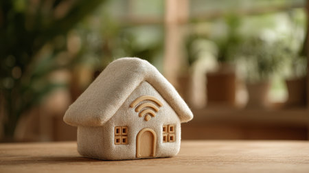 Soft fabric house model with wifi symbol on wooden table in cozy indoor setting with blurred plants in backgroundの素材