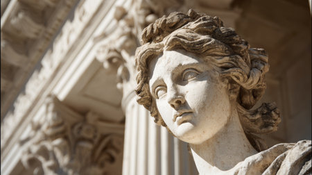 Marble statue of woman with detailed hair and serene expression, set against classical architectural columns in warm sunlightの素材