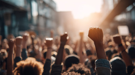 Protest crowd raising fist in air with sunlight in background showing unity and strength during demonstrationの素材