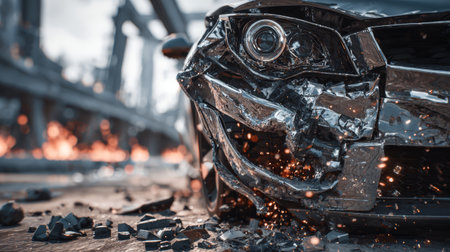 Car crash with damaged front bumper and headlight, sparks flying and debris scattered on road, showing impact and destructionの素材