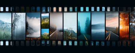 Film strip with various scenic landscapes including mountains, forests, roads, and misty views creating calm and adventurous moodの素材